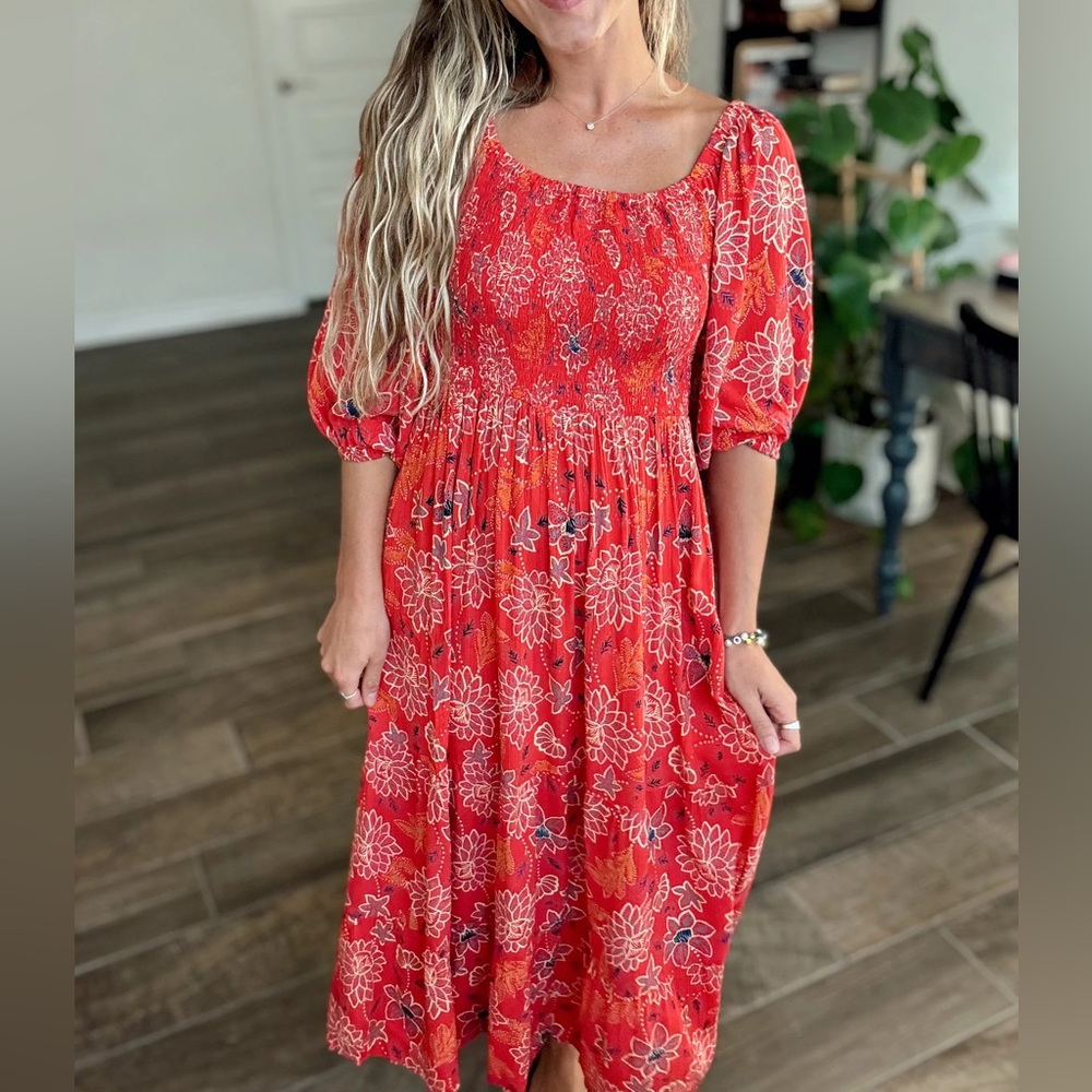 Angie Red Floral Puff-Sleeve Midi Dress